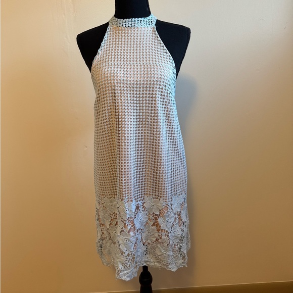 Missguided Dresses & Skirts - Sz 2 Missguided A line shift dress blue crocheted lace overlay with nude NWT